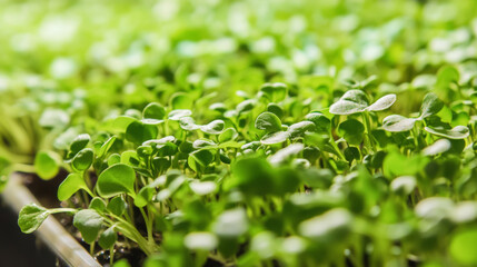 Obraz premium Microgreens are growing densely in a greenhouse, benefiting from the nurturing sunlight and controlled environment to ensure optimal growth and freshness for healthy consumption