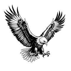 Fierce Eagle in Mid-Attack Pose – Black and White Vector Illustration of Wild Bird with Spread Wings and Talons | Symbol of Power, Freedom, and Strength

