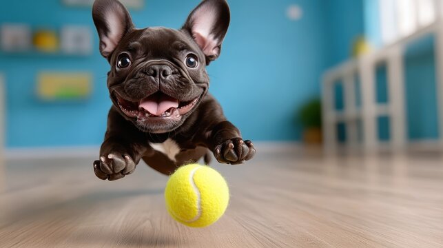 A cheerful brown French Bulldog joyfully leaps in the air towards a bright yellow tennis ball, encapsulating pure happiness and energy in a delightful indoor atmosphere.