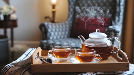 Cozy Tea Tray with Teapot and Cups on Checkered Cloth