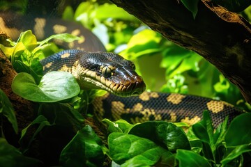 Obraz premium Captivating Python Gliding Through Lush Green Foliage in Nature