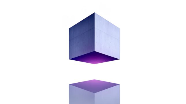 Floating purple cube with reflective surface creates futuristic and minimalist design. cube smooth texture and vibrant color contrast with transparency background, enhancing its modern aesthetic