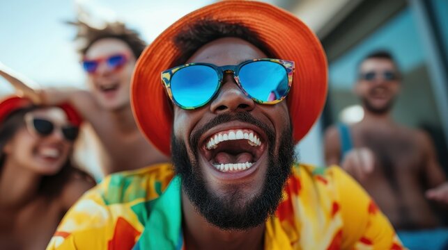 A vibrant scene featuring a happy group of friends enjoying a sunny day by the pool, expressing joy and camaraderie through laughter and colorful outfits.