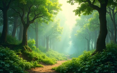 A lush forest landscape with natural greenery and soft lighting, perfect for eco-friendly themes or nature backdrops. High quality