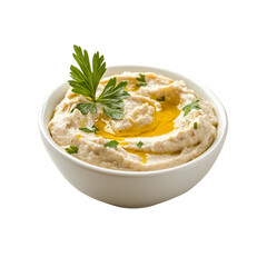 Creamy Baba Ghanoush with Olive Oil and Parsley Garnish in White Bowl