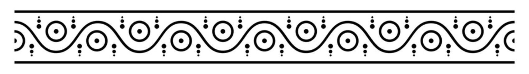 Continuous border pattern composed of circular shapes and undulating wave elements.