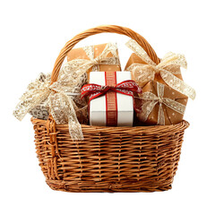 Festive Gift Basket: A wicker basket overflowing with elegantly wrapped gifts, adorned with decorative bows and ribbons, symbolizing the spirit of giving and celebration.