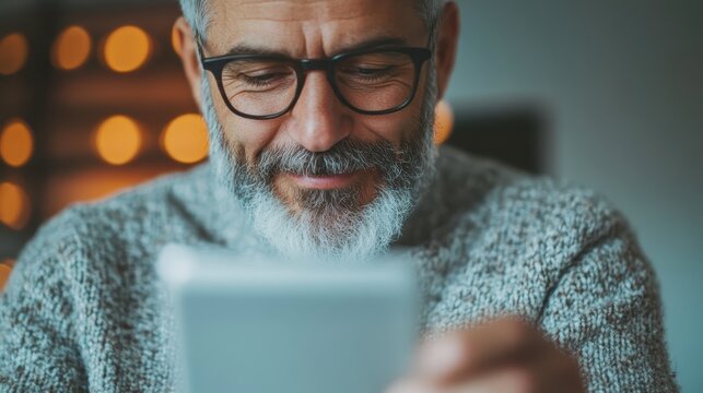 An older man smiles while interacting with his smartphone, bridging the generational gap and embracing technology for communication and enjoyment in modern life.