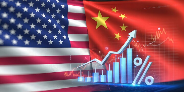 Flag of the united states and china behind financial graph with rising trend line and percentage