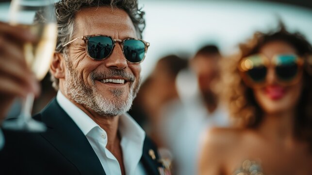 An elegant man in sunglasses raises a glass of champagne, enjoying a lively celebration, capturing the essence of sophistication and joyous social interactions.