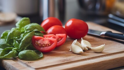 Sliced Tomatoes and Crushed Garlic on Cutting Board