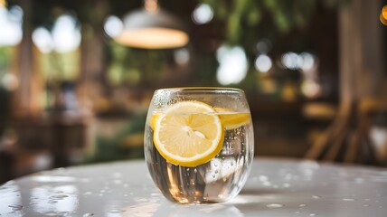 Glass of Lemon Water on White Table with Rustic Background