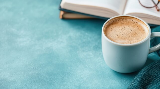 An inviting close-up of a coffee cup next to an open book and glasses, evoking a warm, relaxed atmosphere ideal for cozy moments of leisure and reflective reading enjoyment.