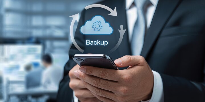 Man holding smartphone with cloud backup icon and data arrows in an office setting for technology use