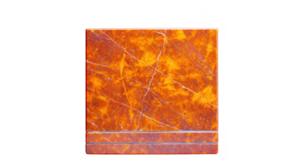 Square tile with vibrant orange marble pattern and subtle white veining, featuring polished finish and two horizontal lines at bottom, ideal for interior design