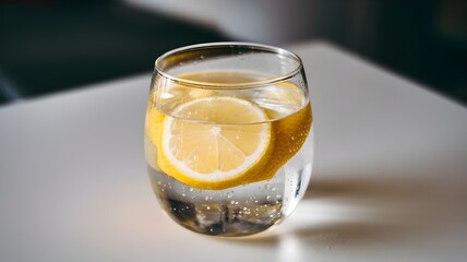 Condensed Glass of Lemon Water on White Surface