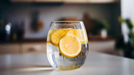 Lemon Slices in Water Glass on White Table