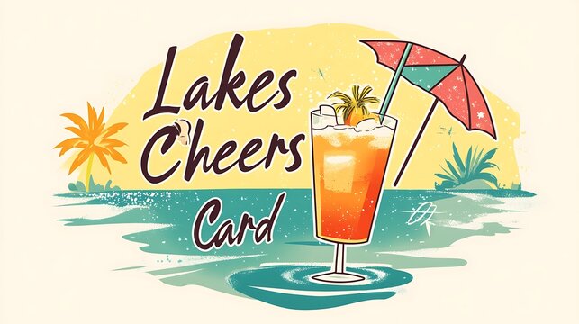 A logo featuring the text "Lakes Cheers Drink Card" with a cheerful illustration of a tropical drink in a glass, complete with an umbrella and straw