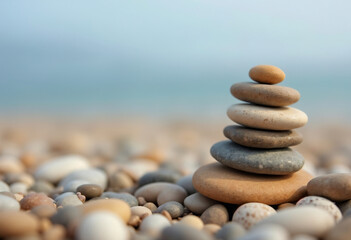 Stack of smooth pebbles balanced on a beach, symbolizing zen, balance, and mindfulness.