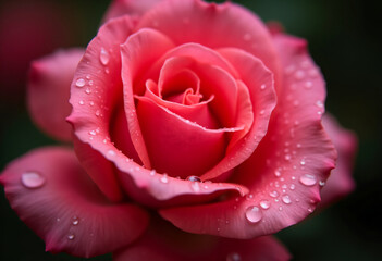 Close-up of a fresh red rose with delicate water droplets, symbolizing romance and beauty.