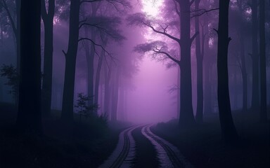 Mysterious forest in the dark night, purple and black theme foggy misty jungle, solitude and spooky woods. High quality