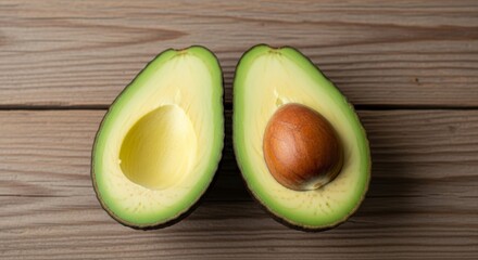 Close-up of a sliced avocado on wood, emphasizing its creamy texture and healthy fats for a nutritious diet.