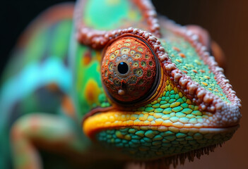 Extreme close-up of a chameleon’s colorful eye and textured skin, showing incredible detail.