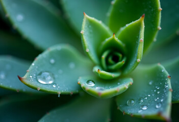 Close-up of a green succulent plant with fresh water droplets on its leaves.