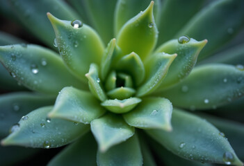 Close-up of a green succulent plant with fresh water droplets on its leaves.
