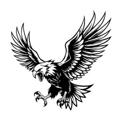 Fierce Eagle in Mid-Attack Pose – Black and White Vector Illustration of Wild Bird with Spread Wings and Talons | Symbol of Power, Freedom, and Strength

