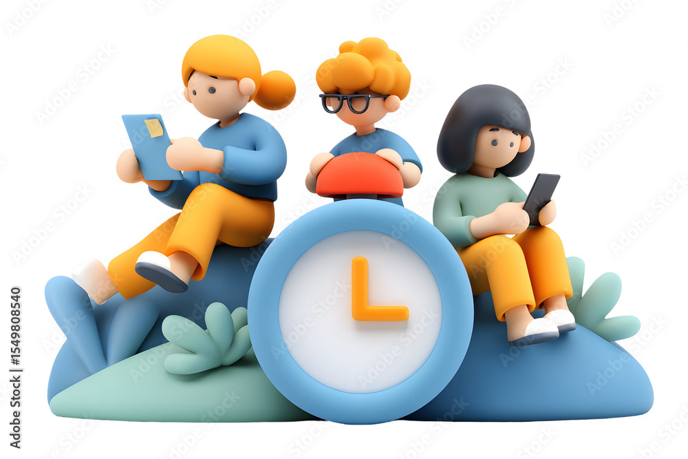 Fototapete cartoon rendering of people using devices around a clock symbolizing efficient time management