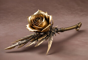 Elegant metallic gold rose sculpture on a bronze background, symbolizing luxury and timeless beauty.