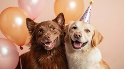 Two joyful dogs wearing party hats smile against a backdrop of balloons, capturing a fun and festive spirit that highlights the happiness pets bring to our lives.