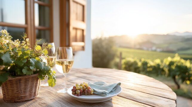A beautifully set table with wine and grapes overlooking a scenic vineyard at sunset evokes feelings of tranquility and enjoyment, perfect for relaxation and savoring moments.