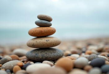 Stack of smooth pebbles balanced on a beach, symbolizing zen, balance, and mindfulness.