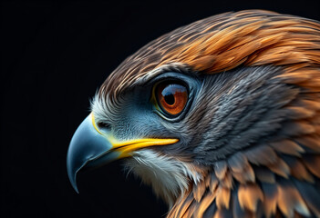Close-up portrait of a majestic falcon with sharp eyes and detailed feathers, isolated on black.