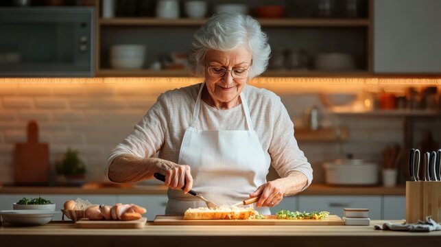 An elderly woman expresses joy and creativity while preparing food in a cozy kitchen, showcasing her culinary skills with a warm smile and delightful atmosphere.