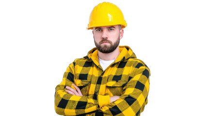 Man wearing yellow hard hat and yellow plaid shirt stands with arms crossed, exuding confidence and determination. construction attire suggests professional in building industry