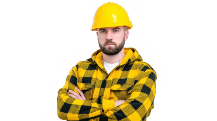 Man wearing yellow hard hat and yellow plaid shirt stands with arms crossed, exuding confidence and determination. construction attire suggests professional in building industry