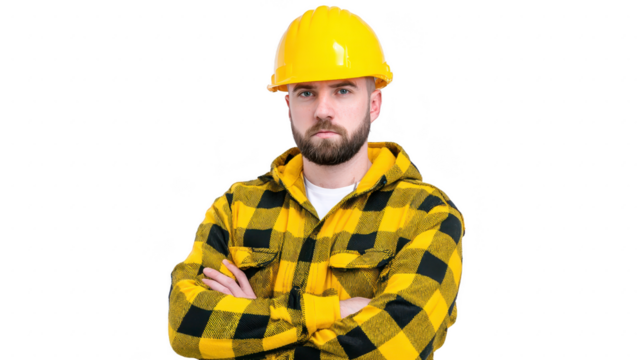 Man wearing yellow hard hat and yellow plaid shirt stands with arms crossed, exuding confidence and determination. construction attire suggests professional in building industry
