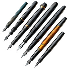 Writing Tools: A collection of exquisite fountain pens, symbols of elegance, creativity, and enduring craftsmanship, each pen a testament to the art of writing.
