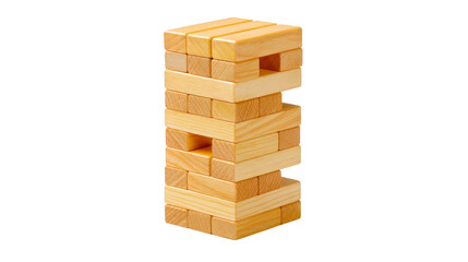 Wooden block tower game is stacked precariously, showcasing fun and challenging activity. natural wood texture and simple design make it classic choice for family entertainment
