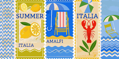 Summer in Italy Amalfi Coast Postcard Stamps with Lemons Beach Chair Lobster