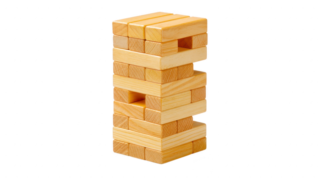 Wooden block tower game is stacked precariously, showcasing fun and challenging activity. natural wood texture and simple design make it classic choice for family entertainment