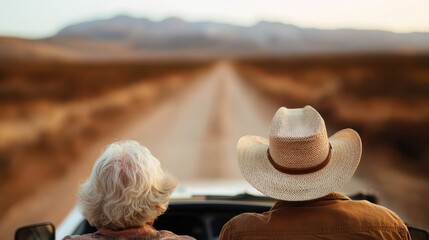 A couple sitting in a vintage car facing a dirt road embodies the essence of adventure and companionship while exploring the beautiful tranquility of their surroundings.