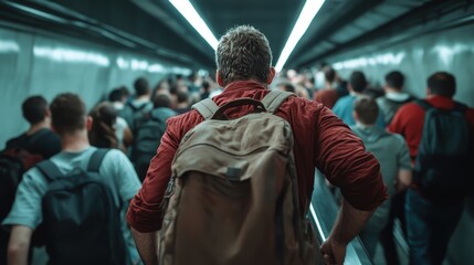 A bustling subway passage filled with commuters navigating through the crowd, highlighting the fast-paced lifestyle of urban environments and daily travel routines.