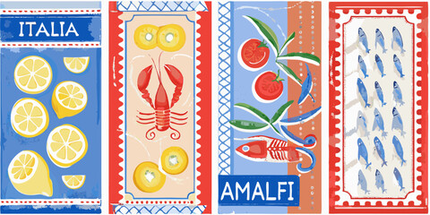 Italian food and cultural illustrations featuring lemons lobster tomatoes and fish