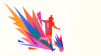 Energetic young footballer kicks ball with sharp color bursts symbolizing motion and impact....