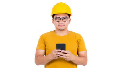 Construction worker wearing yellow hard hat and glasses is holding smartphone, standing against plain background. image conveys sense of focus and modern technology use construction.construction