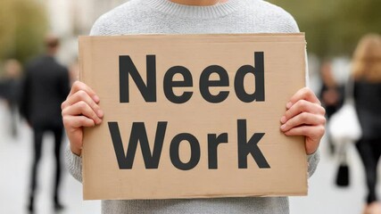 Person holding "need work" sign on busy street highlighting job search effort